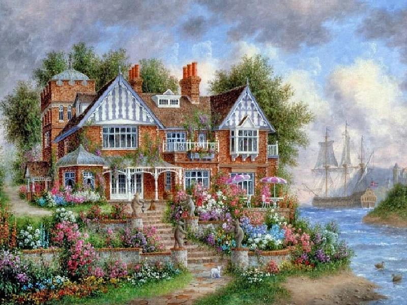 By the Ocean, chimneys, house, ducks, bonito, clouds, statues, painting, flowers, dog, sky, trees, cat, windows, water, ship, plants, peaceful, garden, steps, HD wallpaper