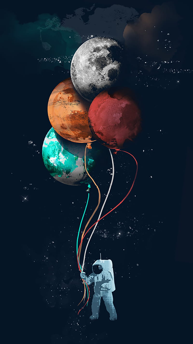 Abstract, balloons, cosmonaut, cosmos, planets, s7, sky, stars, HD phone wallpaper