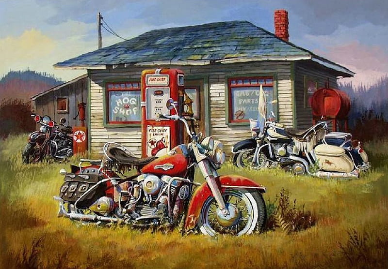 The Hog Shop, petrol pump, motorbikes, painting, harley davidson, vintage, HD wallpaper