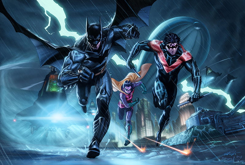 The Bat And His Birds, batman, robin, nightwing, superheroes, artwork, digital-art, HD wallpaper