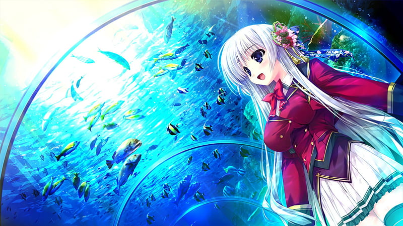 Underwater World, pretty, fish, white hair, bonito, floral, sweet, nice, anime, hot, beauty, anime girl, long hair, female, lovely, ribbon, smile, sexy, happy, cute, water, girl, uniform, flower, HD wallpaper