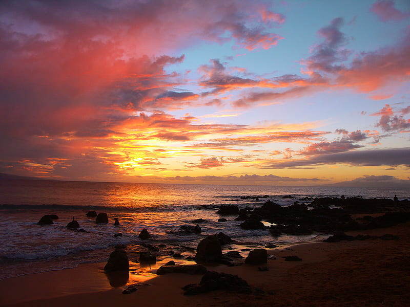 Colors of Sadness, horizon, sun, view, bonito, sunset, sky, clouds, wave, beach, stones, seaside, nature, HD wallpaper
