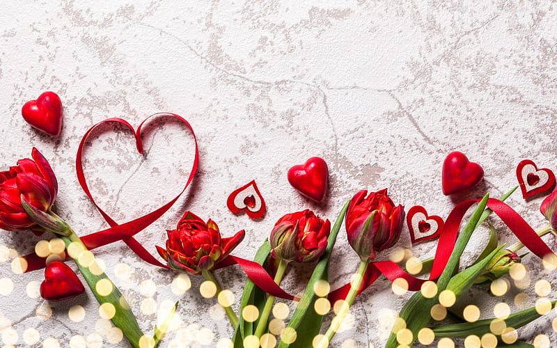 Valentines Day, red hearts, red ribbons, red flowers, love concepts, HD wallpaper