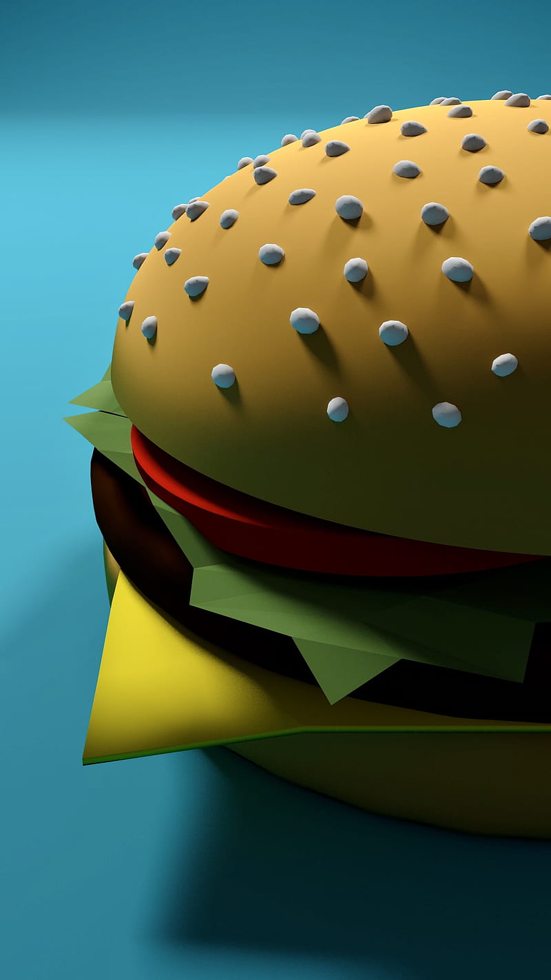 Burger, 3D, abstract, blue, brown, buns, cheese, colorful, colors, fastfood, food, geometric, geometry, green, lettuce, lighting, lights, lowpoly, meat, orange, poly, polyart, polygons, red, render, shadows, tomato, triangles, white, yellow, HD phone wallpaper