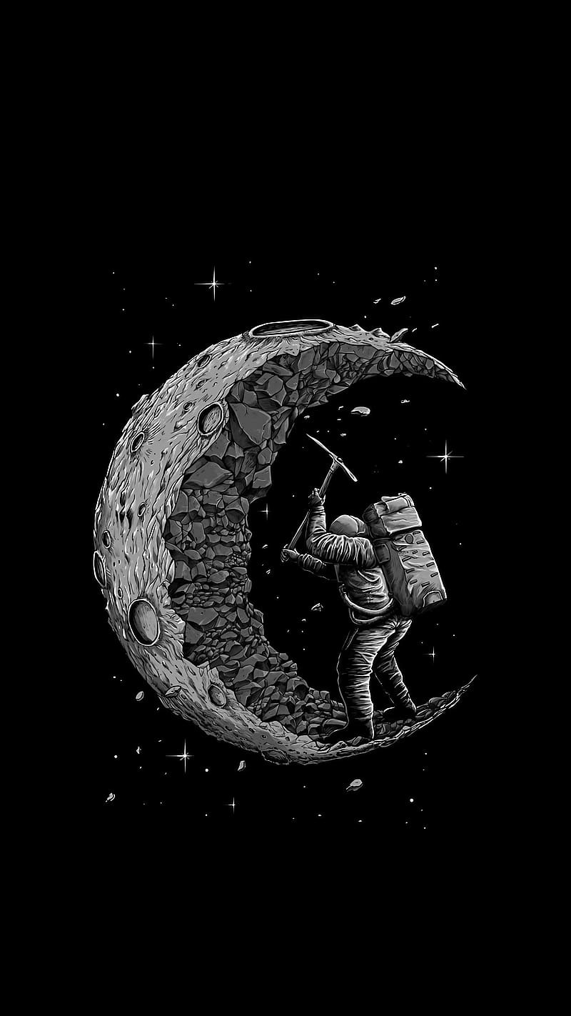 Set As Lock Screen, Astronaut Digging The Moon, astronaut, digging the moon, black background, HD phone wallpaper