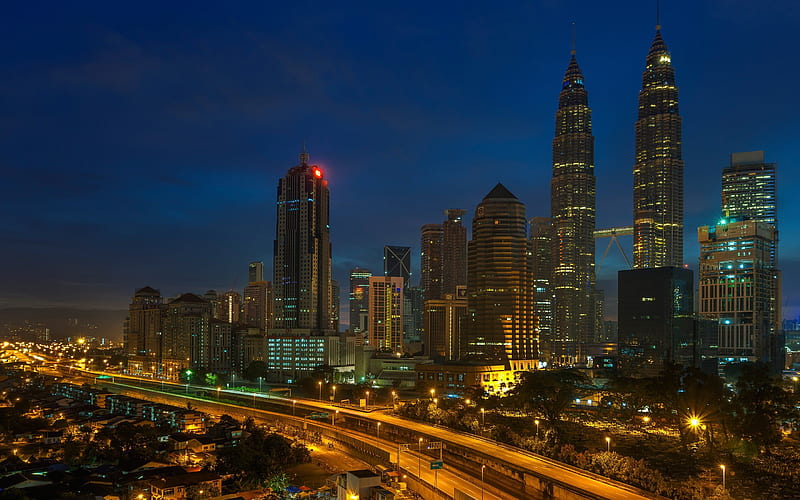 Kuala Lumpur, Malaysia, Petronas Twin Towers, metropolis, night, HD wallpaper