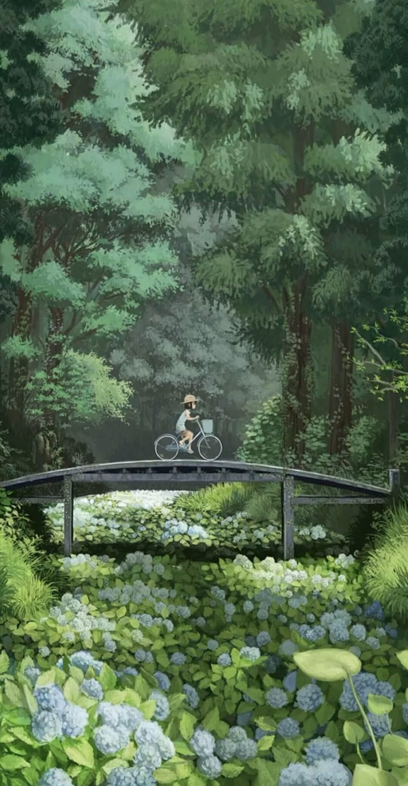Green forest , bonito, bicycle, bridge, garden, gardens, tree, HD phone wallpaper