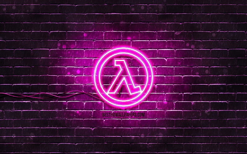 Half-Life purple logo purple brickwall, Half-Life logo, 2020 games, Half-Life neon logo, Half-Life, HD wallpaper