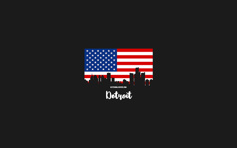 Detroit, American cities, Detroit silhouette skyline, USA flag, Detroit cityscape, American flag, USA, Detroit skyline, HD wallpaper