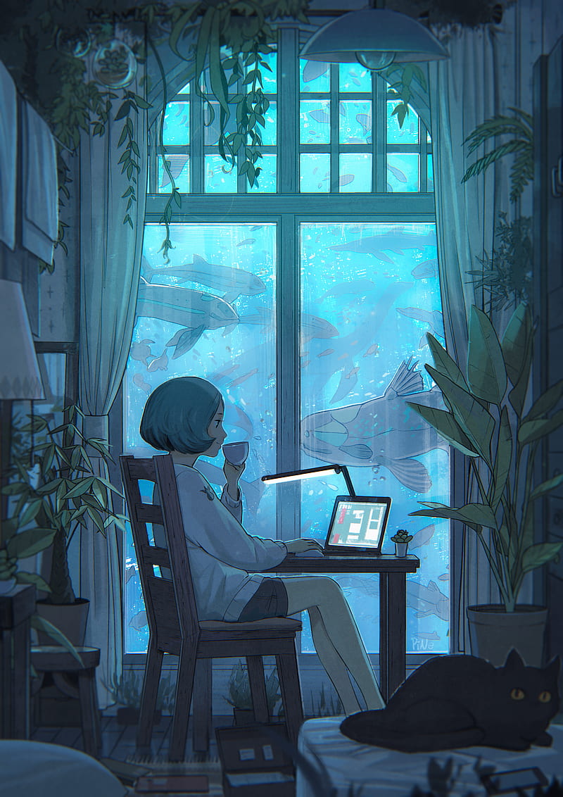 anime, anime girls, laptop, sitting, cup, interior, fish, chair, cats, cyan, HD phone wallpaper