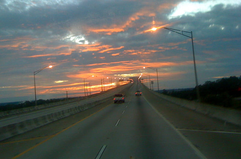 Highway to Heaven, highway, interstate, bridge, south carolina, sunrise, clouds, north charleston, HD wallpaper