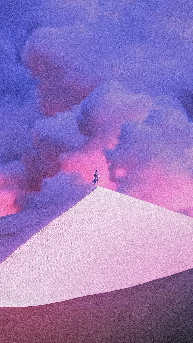 Purple Mountain, clouds, collage, desert, digital art, dunes, man, people, pink, surrealism, HD phone wallpaper