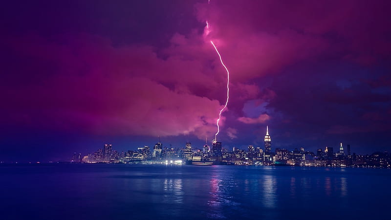 New York City Skyline Lightning, architecture, nighttime, lightning, buildings, New York City, manhattan, HD wallpaper