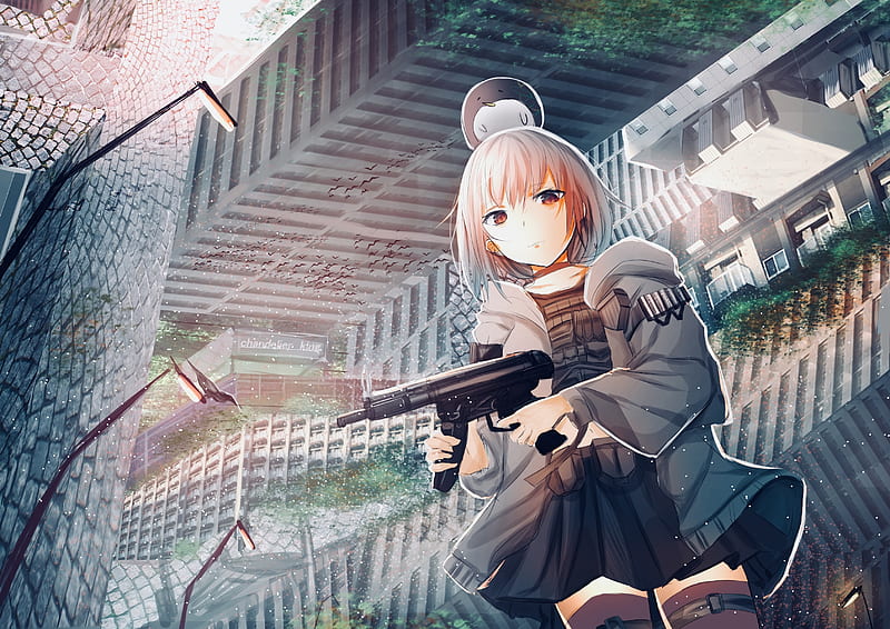 Girl, submachine gun, weapon, anime, art, HD wallpaper | Peakpx