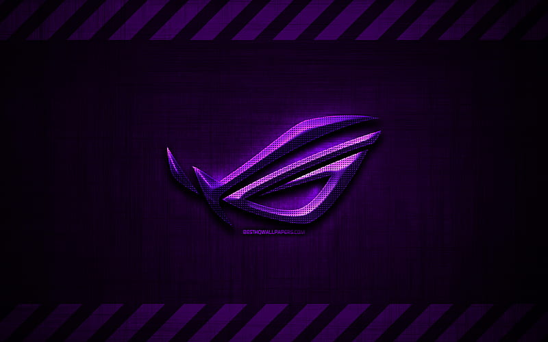 RoG logo, violet metal background, Republic Of Gamers, grunge art, RoG, brands, creative, RoG 3D logo, artwork, RoG violet logo, HD wallpaper