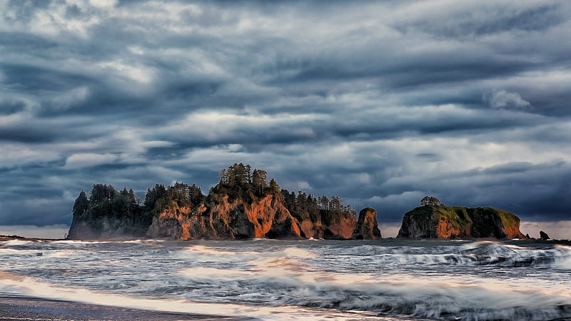 amazing rialto rocks on la push beach washington r, beach, rocks, r, waves, clouds, sea, HD wallpaper