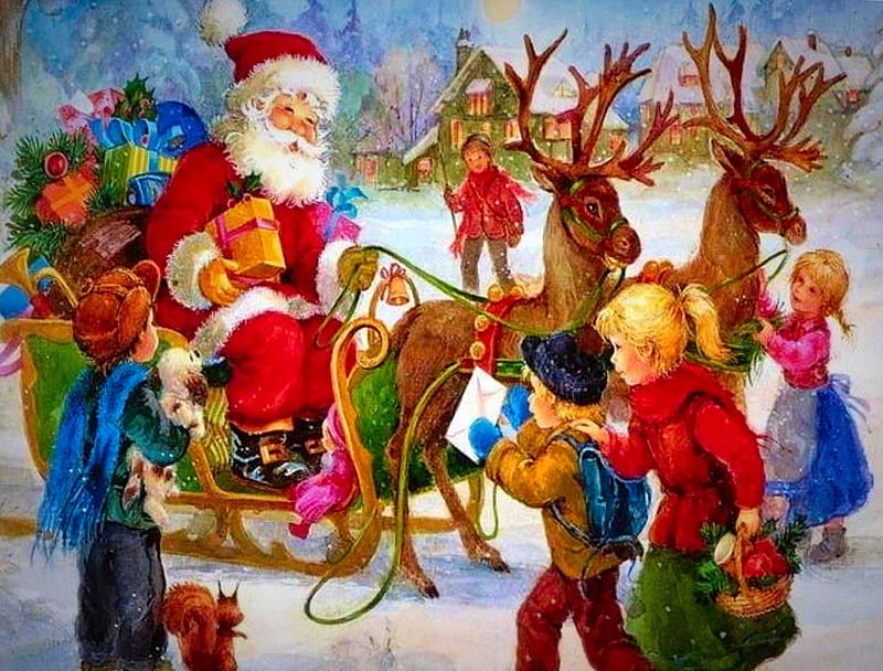 ~Santa~, cool, Cristmas, snow, painting, children, Santa, winter, HD wallpaper