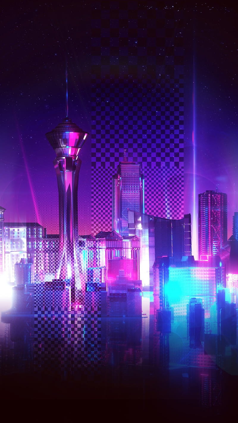 Neon cityscape wallpaper with purple and blue hues, wallpaper