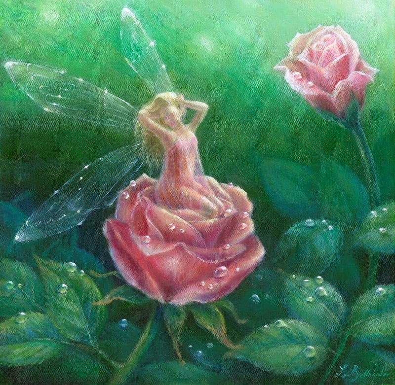 Pink fairy, pink, fairy, luminos, rose, water drop, dew, trandafir, fantasy, girl, green, lynne bellchamber, painting, flower, HD wallpaper