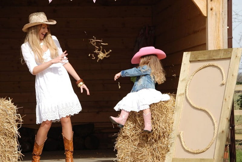 Cowgirl's Party, pretty, female, models, hats, boots, ranch, children, fun, hay, outdoors, women, farm, cowgirls, girls, barns, western, HD wallpaper