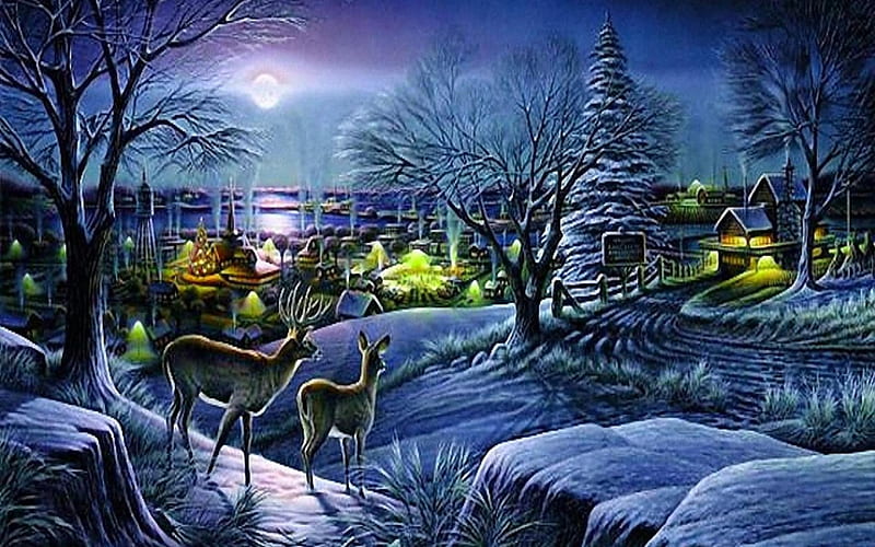Winter Evening, house, snow, sunset, trees, lights, landscape, deer, HD wallpaper