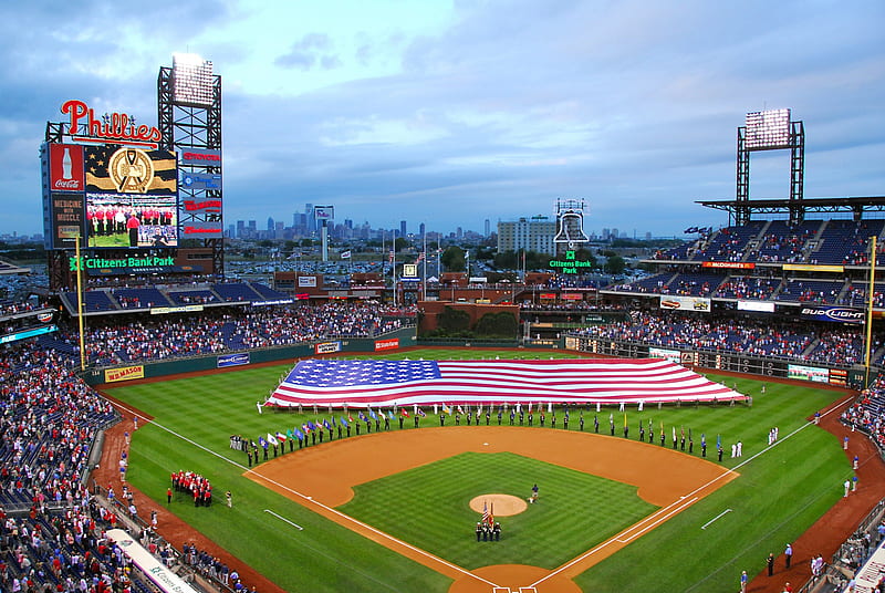 Citizens Bank Park (Phillies) with American Flag, phillies, american flag, bank, park, citizens, philadelphia, HD wallpaper