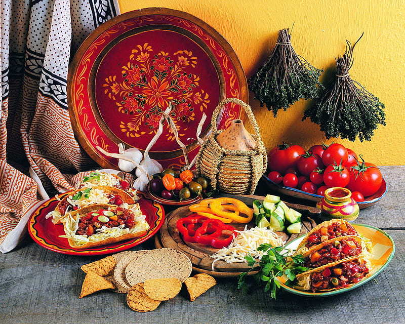 Mexican Meal, tomatoes, crackers, tacos, capsicum, beans, plate, chilli, lettuce, HD wallpaper