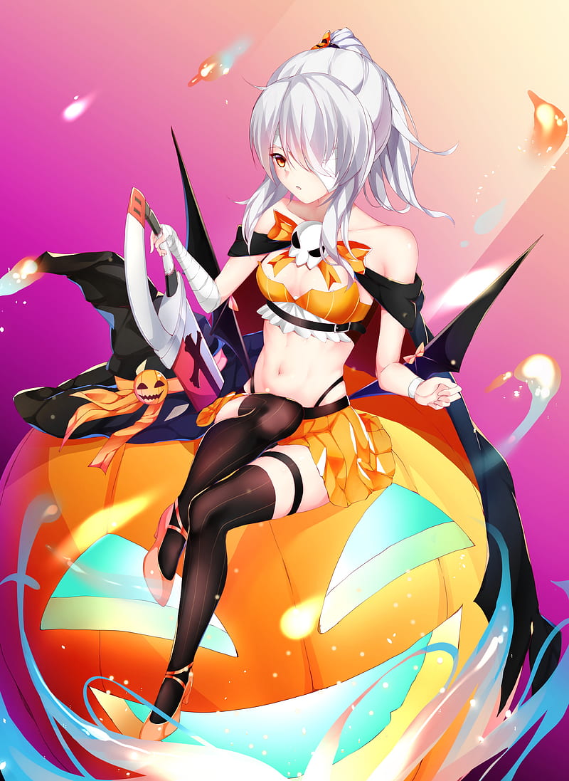 pumpkin, Halloween, Bilan Hangxian, cleavage, heels, sword, thigh-highs, wings, Azur Lane, Ayanami (Azur Lane), HD phone wallpaper