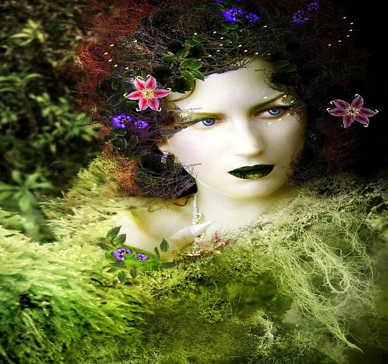 ~Passion of Exotic~, flower in their hair, softness beauty, digital art, hair, fantasy, beautiful girls, manipulation, flowers, face, girls, butterfly designs, enchanted, exotic, models, lovely, passionate, colors, love four seasons, creative pre-made, lips, weird things people wear, lady, eyes, HD wallpaper