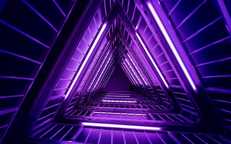 Neon triangles, backlighting stairs, creative purple background, purple triangles, HD wallpaper