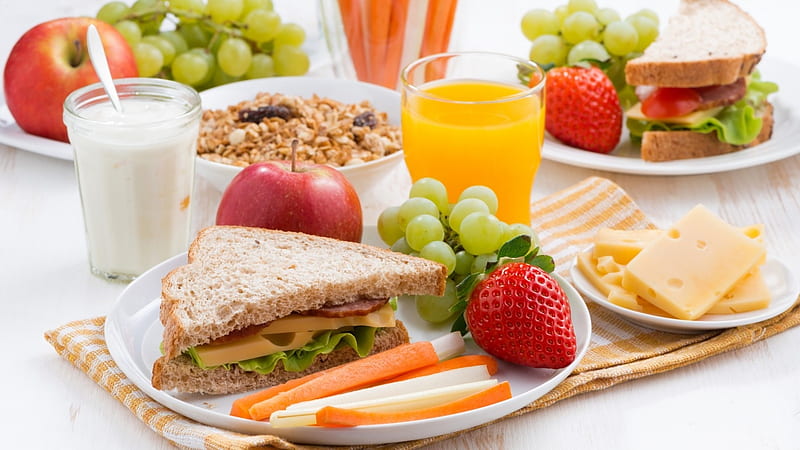 Healthy Snacks, sandwich, food, juice, fruits, HD wallpaper