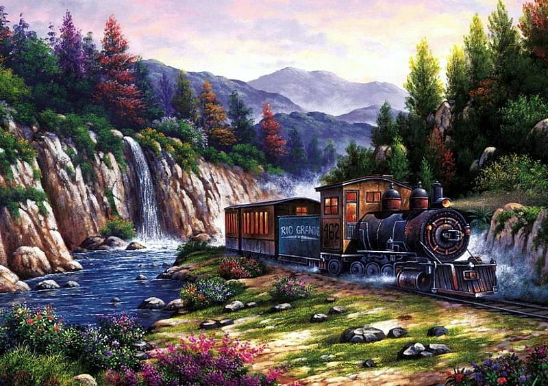 Train Travel, mountains, railway, painting, waterfall, river, trees, artwork, HD wallpaper