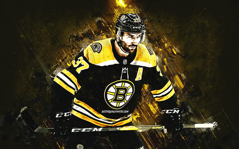 Patrice Bergeron, Boston Bruins, NHL, Canadian hockey player, portrait, yellow stone background, hockey, HD wallpaper