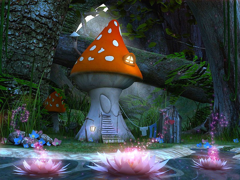 Fairytale Mushroom house, red, forest, house, little, mushroom, bonito, fairytale, fantasy, splendor, flowers, nature, landscape, HD wallpaper