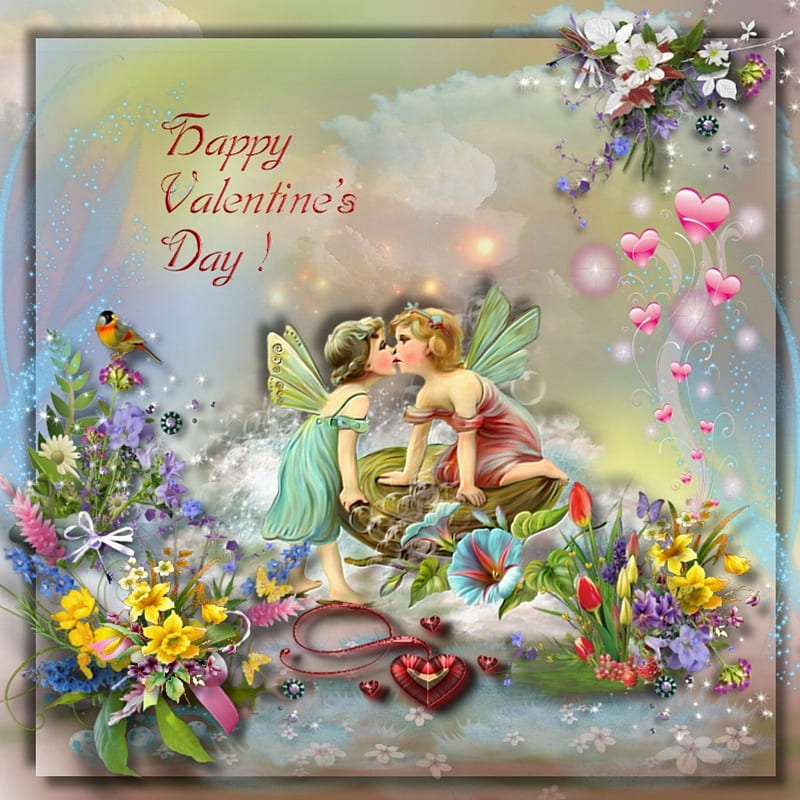 HAPPY VALENTINE'S DAY, FAIRIES, COLORFUL, HEARTS, FLOWERS, HD wallpaper