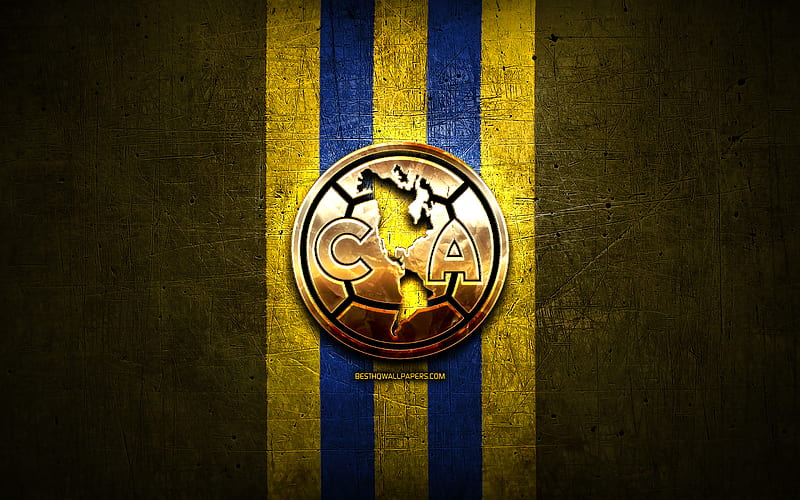 Club America FC, golden logo, Liga MX, yellow metal background, football, Club America, mexican football club, Club America logo, soccer, Mexico, HD wallpaper