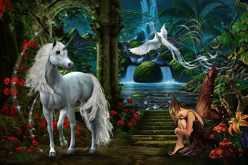 Fantasy World, forest, unicorn, Fairy Tale, elf, HD wallpaper