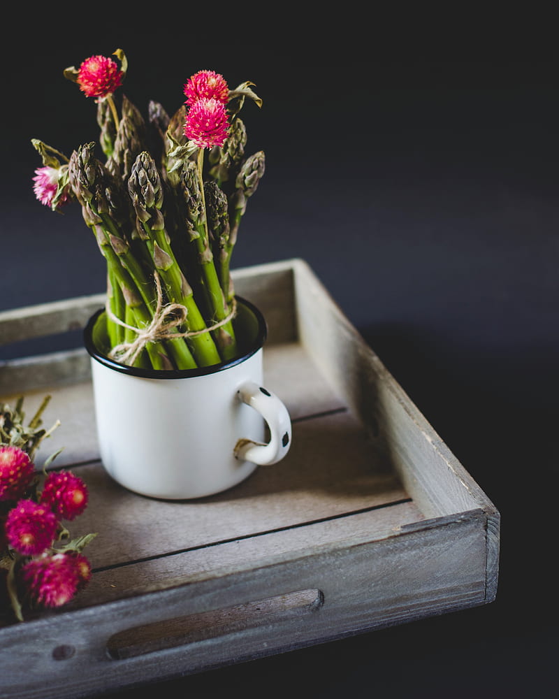 flowers, asparagus, mug, bouquet, plants, HD phone wallpaper