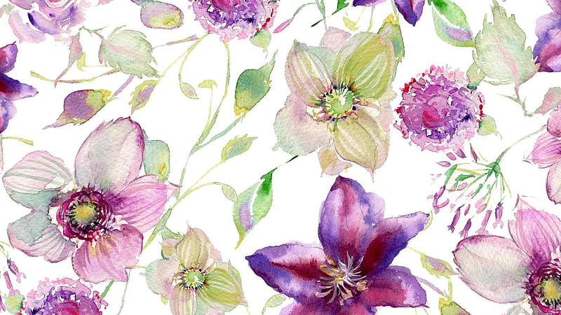 Flowers, art, purple, texture, painting, paper, white, pictura, pink, watercolor, HD wallpaper