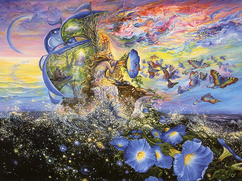 Andromeda's Quest, josephine, woman, clouds, dragon, sea, josephine wall, faerie, fantasy, boat, moon, andromedas quest, butterfly, morning glory, painting, bubbles, pansies, flowers, andromeda, fairy, blue, art, wings, ocean, music, unicorn, colors, butterflies, waves, wall, quest, purple, ship, HD wallpaper