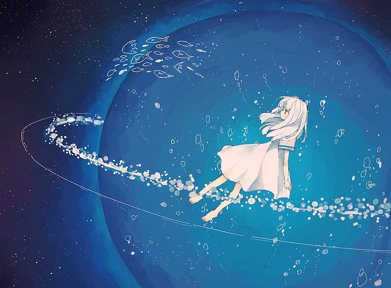 anime girl, floating, galaxy, stars, white dress, Anime, HD wallpaper