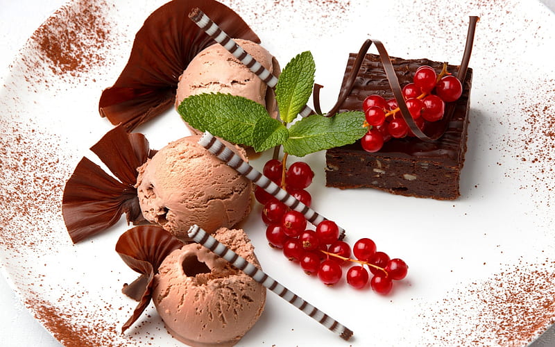 Ice cream and berries, cake, fruit, red, ice cream, berry, chocolate, summer, white, HD wallpaper