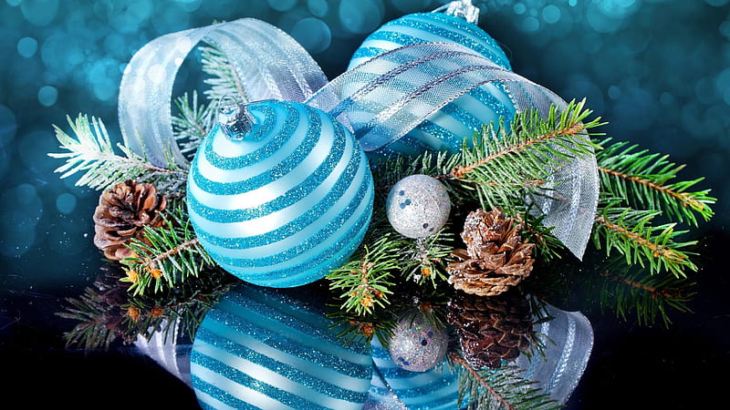 Christmas ornaments, pine cones, christmas balls, blue, ribbon, HD wallpaper