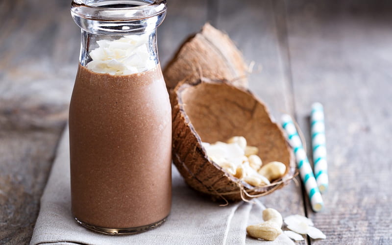 chocolate smoothies, coconut, nuts, healthy drinks, cocoa, HD wallpaper