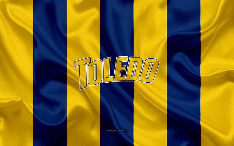 Toledo Rockets, American football team, emblem, silk flag, yellow blue silk texture, NCAA, Toledo Rockets logo, Toledo, Ohio, USA, American football, HD wallpaper