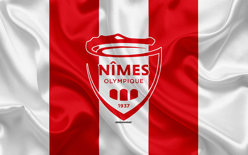 Nîmes Olympique silk texture, logo, red white silk flag, new logo 2018, French football club, emblem, Ligue 1, Nimes, France, football, Nimes FC, HD wallpaper