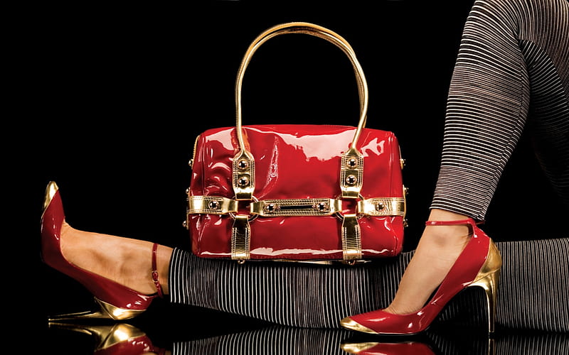 Rojo y dorado con y bolso, hermosa, oro, bolso, tacones de aguja, Fondo pantalla | Peakpx