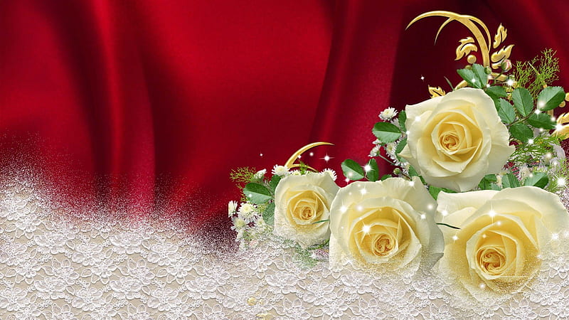 Yellow Roses on Red Satin, red satin, silk, white lace, babys breath, yellow roses, gold, snow, rich, flowers, glamour, luxury, luxurious, HD wallpaper
