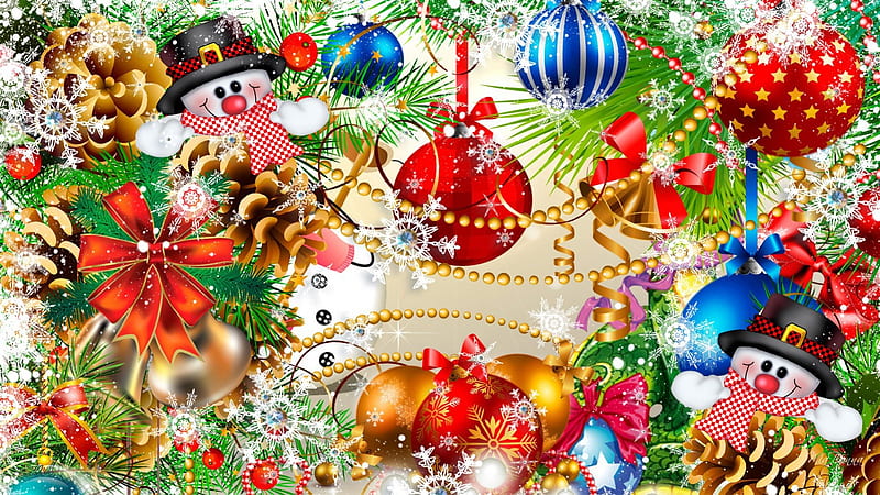 Decorate with Snowmen, snowmen, feliz navidad, christmas, cones, ribbons, bows, cute, whimsical, snowflakes, decorations, bright, fir, spruce, HD wallpaper