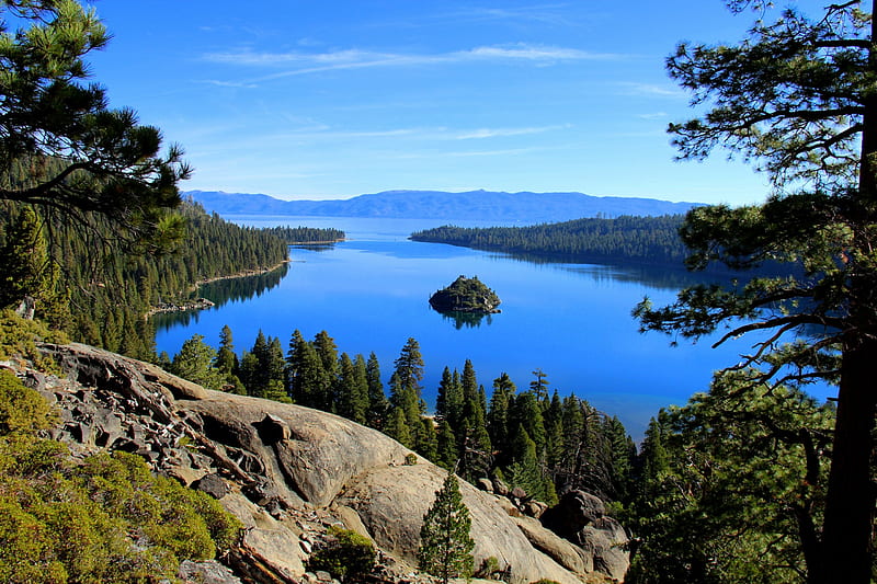 Emerald Bay, Lake Tahoe, california, mountains, sierra nevada, rocks, island, trees, HD wallpaper